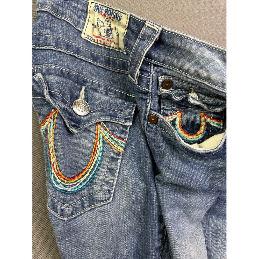 True Religion Straight Leg Rainbow Horseshoe Jean Medium Wash Blue Denim Sz 28